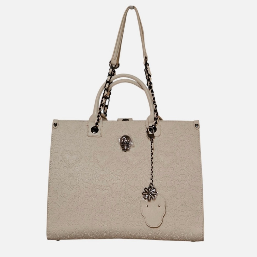 🤩 Betsey Johnson XOKiara Purse Womens Embossed Skulls Tote Bag Chalk Fob w/Chain
